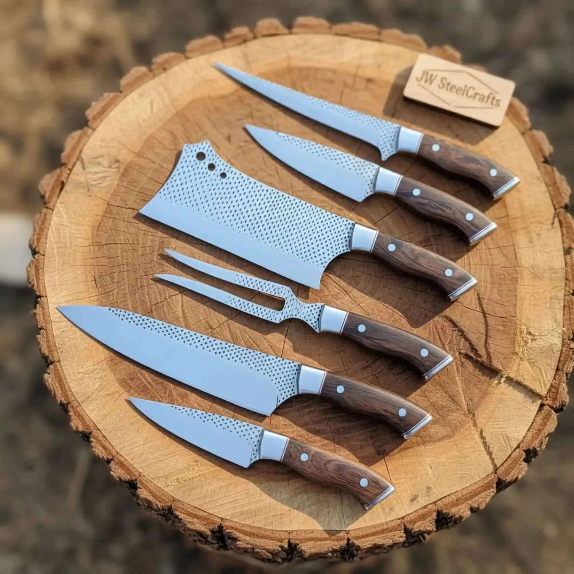 Palmarius Outdoors 6-Piece Rasp Steel Kitchen Knife Set with Carving Fork — Natural Wood Red Spacer Handles, Steel Bolsters, 7 to 13 Inch Damascus Steel Kitchen Knife Set
