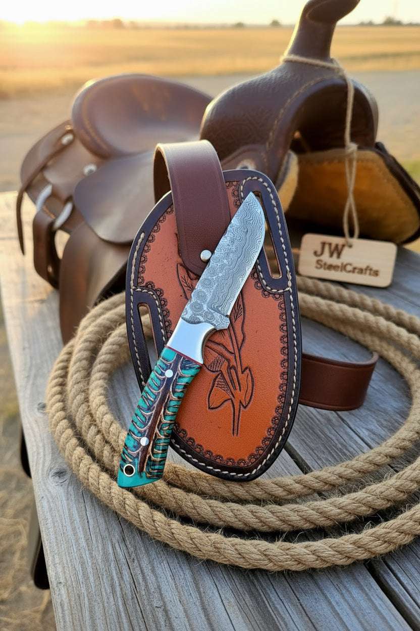 Palmarius Outdoors Turquoise Cowboy Silhouette Skinner Knife 7" Handmade Damascus Resin Handle Skinner Knife