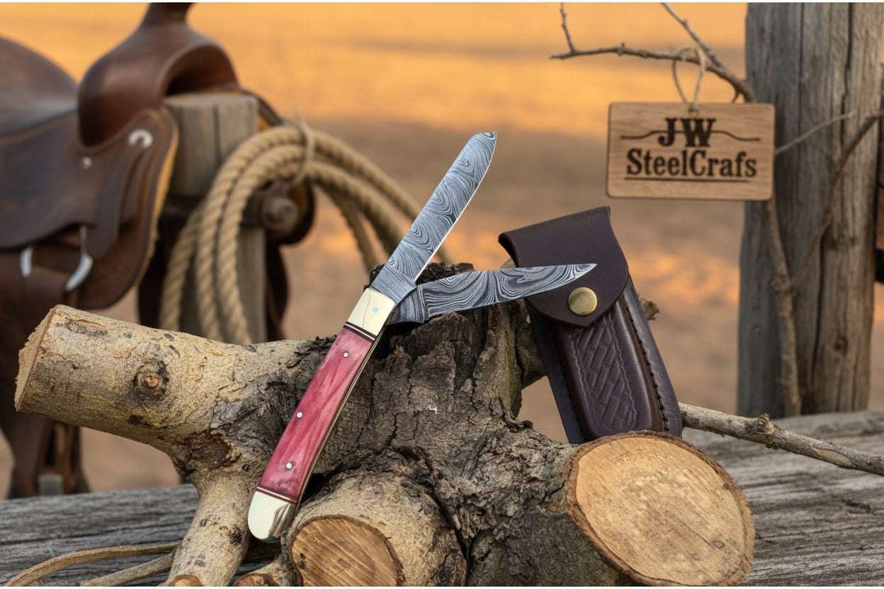Palmarius Outdoors Backwoods Trapper Knife Two Blade Pink Bone Handle Steel Bolster Slip Joint Folding Knife