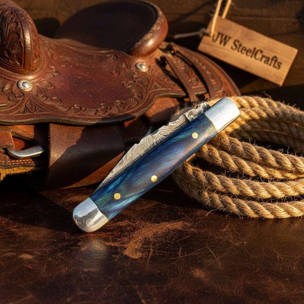 Palmarius Outdoors Custom Damascus Trapper Folding Knife – Blue Pakka Wood Trapper Knives
