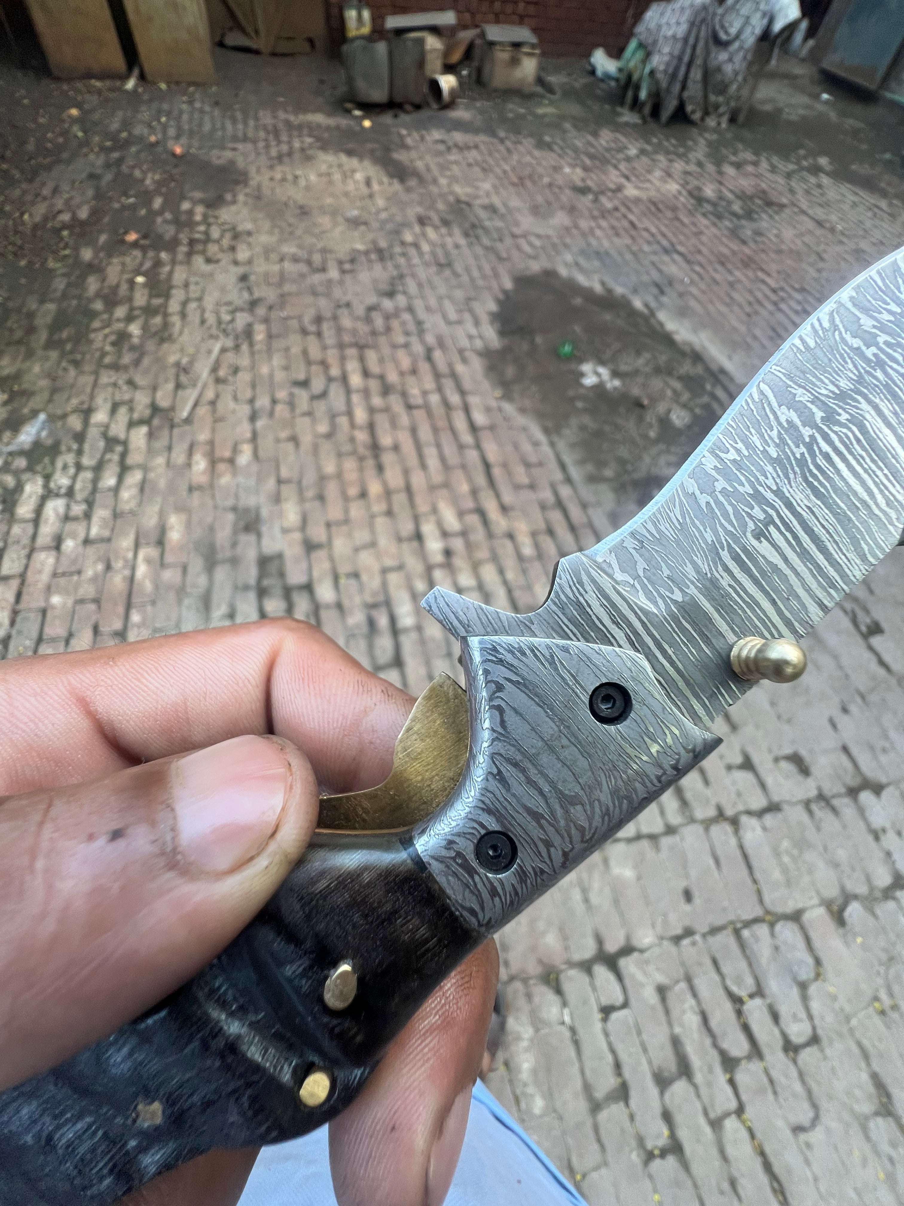 Palmarius Outdoors Grithorn Damascus Folder 7" Handmade Horn Handle Lock Back Mechanism Back Lock Folder