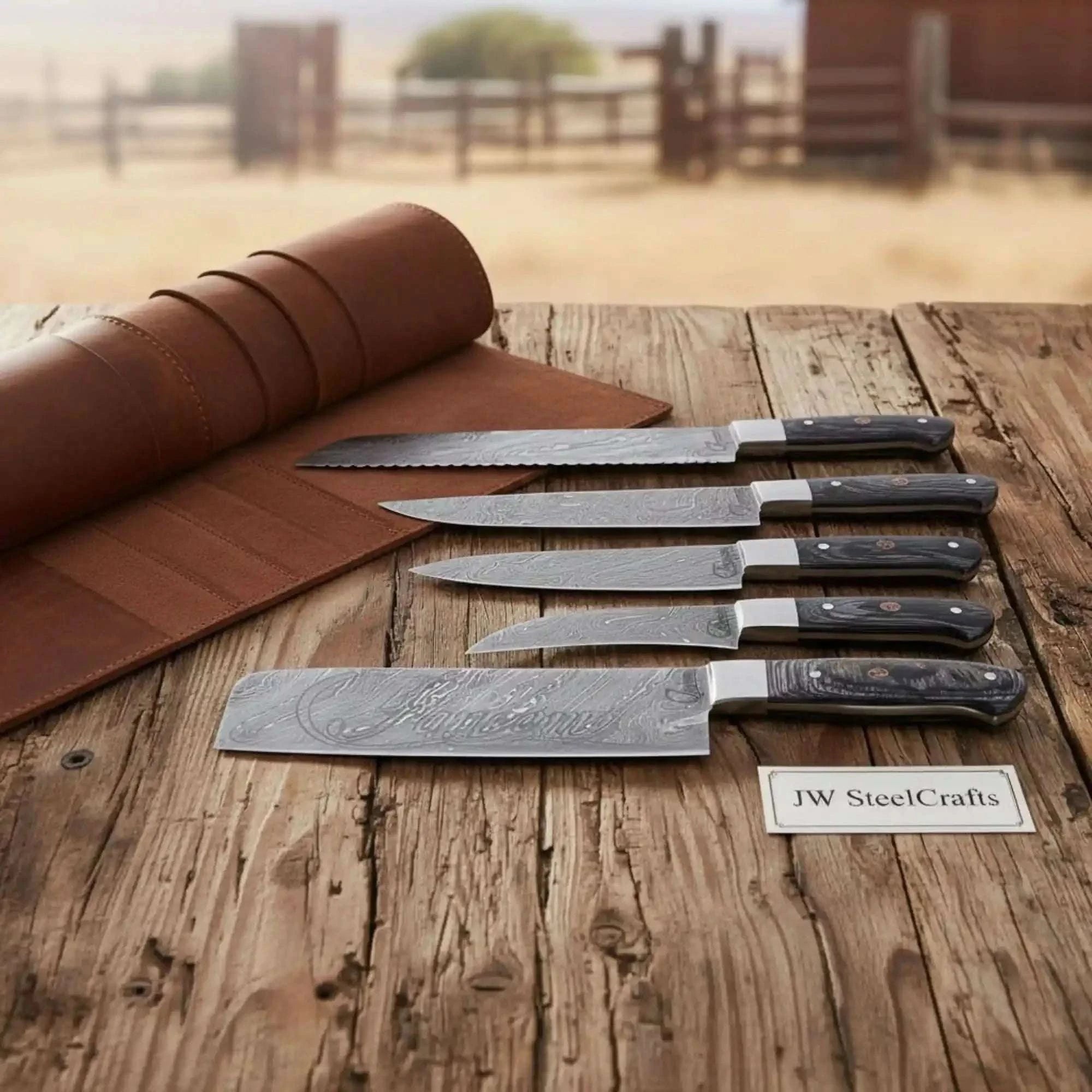 Palmarius Outdoors 5-Piece Damascus Knife Set with Leather Roll and Black Resin Handles Nakiri Knife