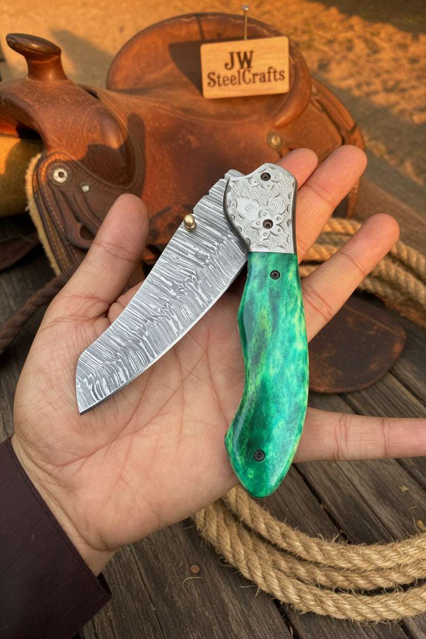 Palmarius Outdoors Jadeline Damascus Folder 7" Handmade Turquoise-Green Resin Handle Folding Knife