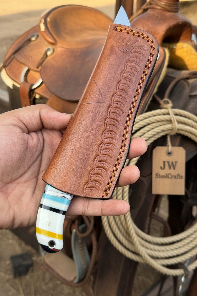 Damascus Bull Cutter Knife — Multi-Color Rainbow Resin Handle, Christian Cross Blade Engraving, Steel Bolster & Lanyard Hole