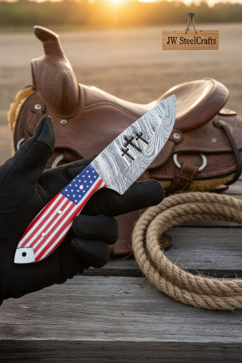 Palmarius Outdoors Old Glory Hunting Knife 10" Handmade Damascus American Flag Handle Hunting Knife