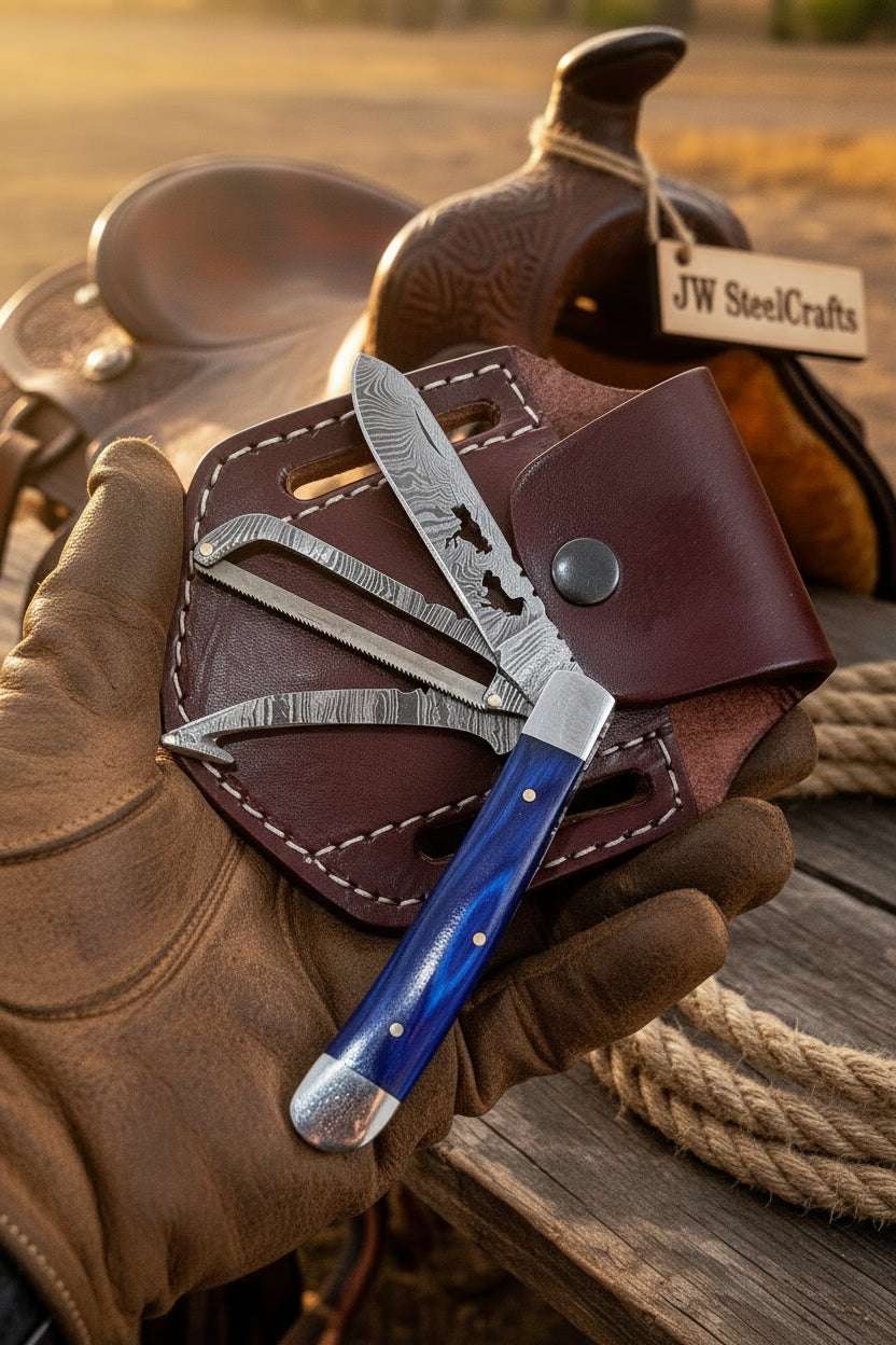 Palmarius Outdoors Sapphire Trail Damascus Trapper Folder 7" Handmade Two-Blade With Blue Resin Handle Folding Knife
