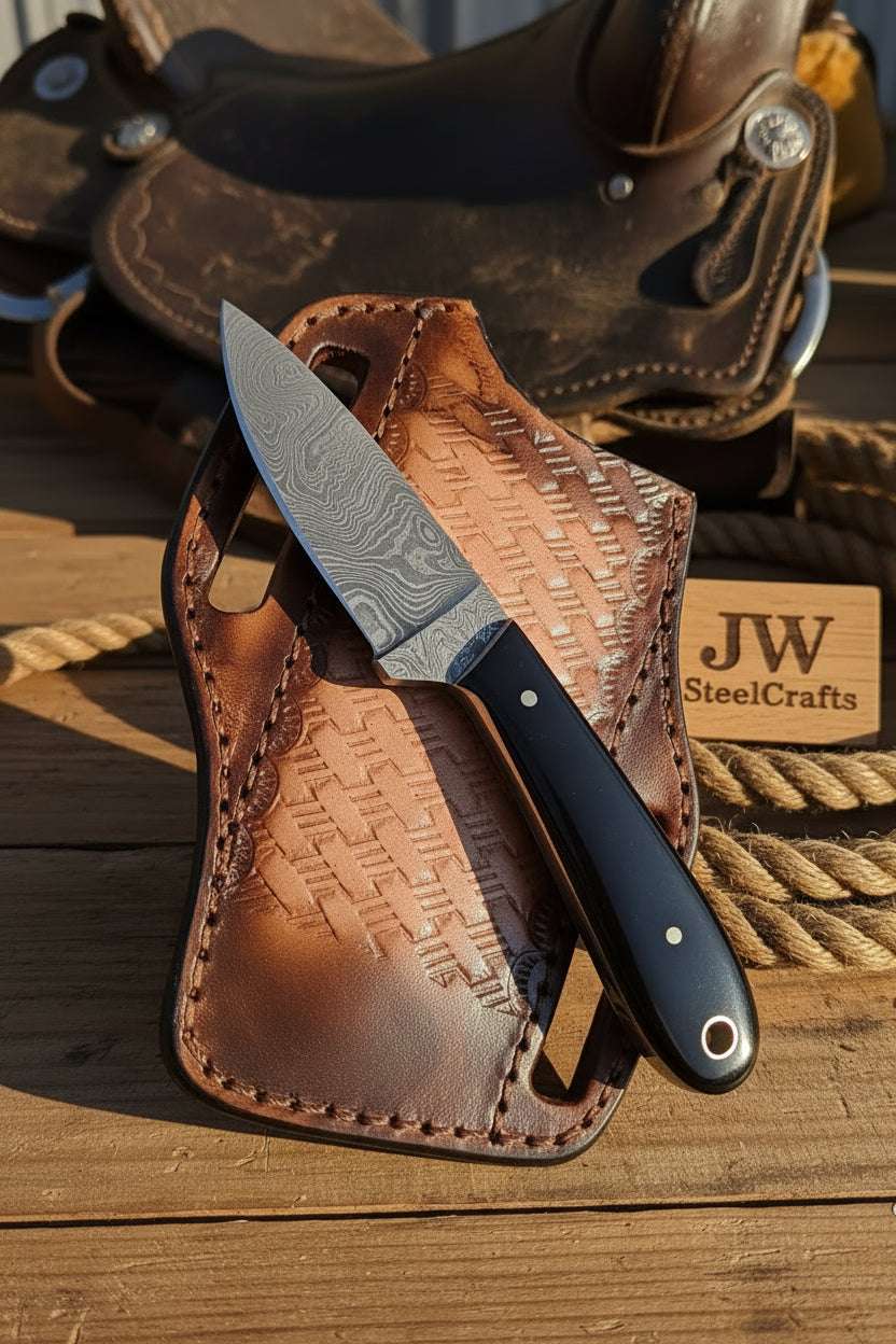Palmarius Outdoors Onyx Ridge Cowboy Knife 8" Handmade Damascus Bottle Opener Black Resin handle cowboy knives