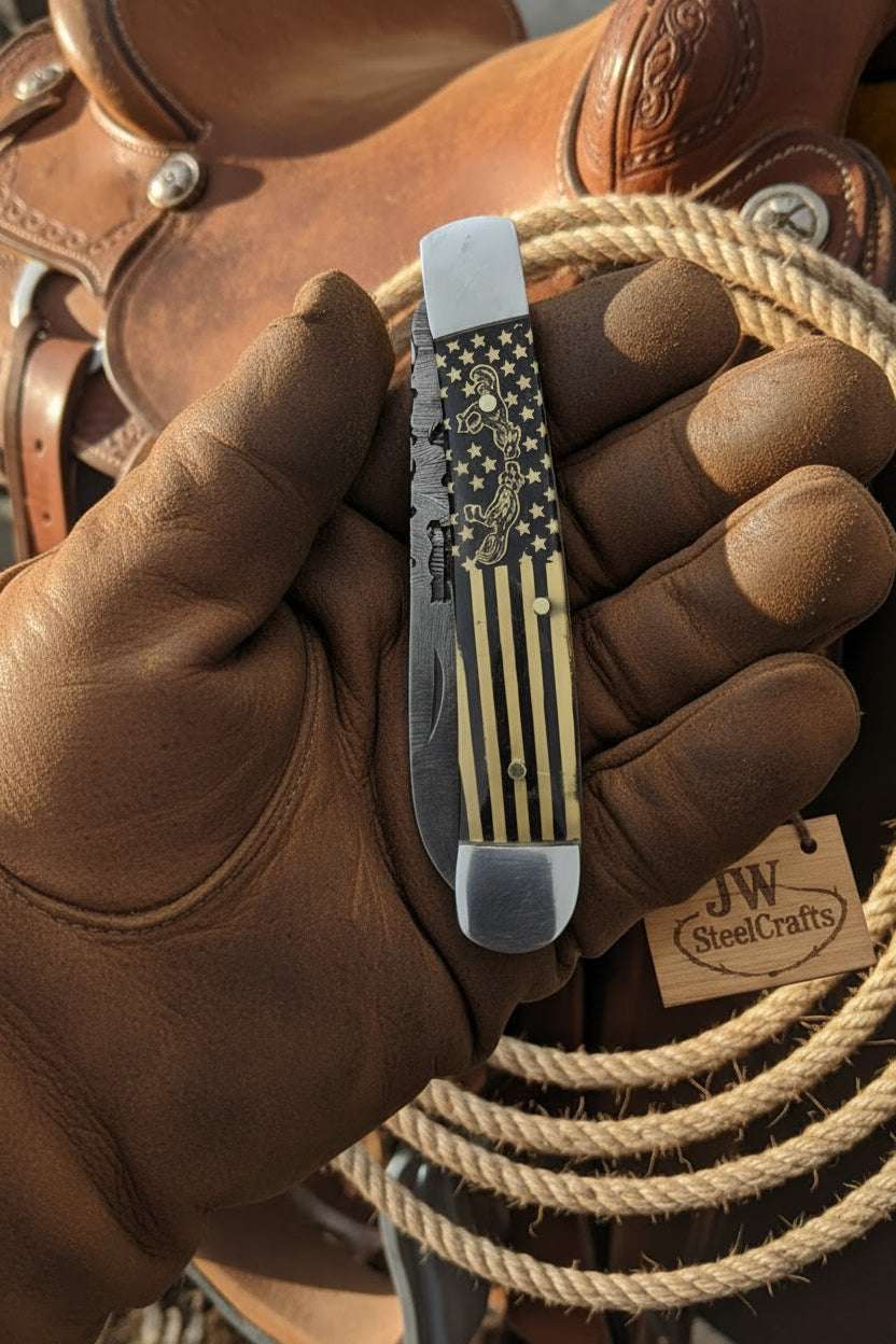 Palmarius Outdoors Stars and Stripes Trapper Folding Jack Knife 7" Handmade Damascus with Resin Handle Trapper Knives