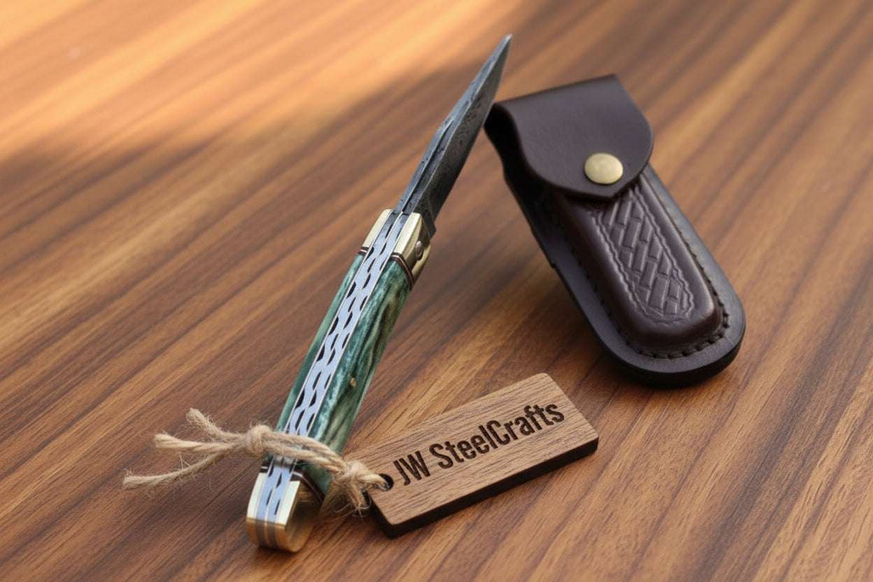 Palmarius Outdoors Damascus Trapper Pocket Knife – Two Blade Folding Knife with Green Bone Handle Folding Knife