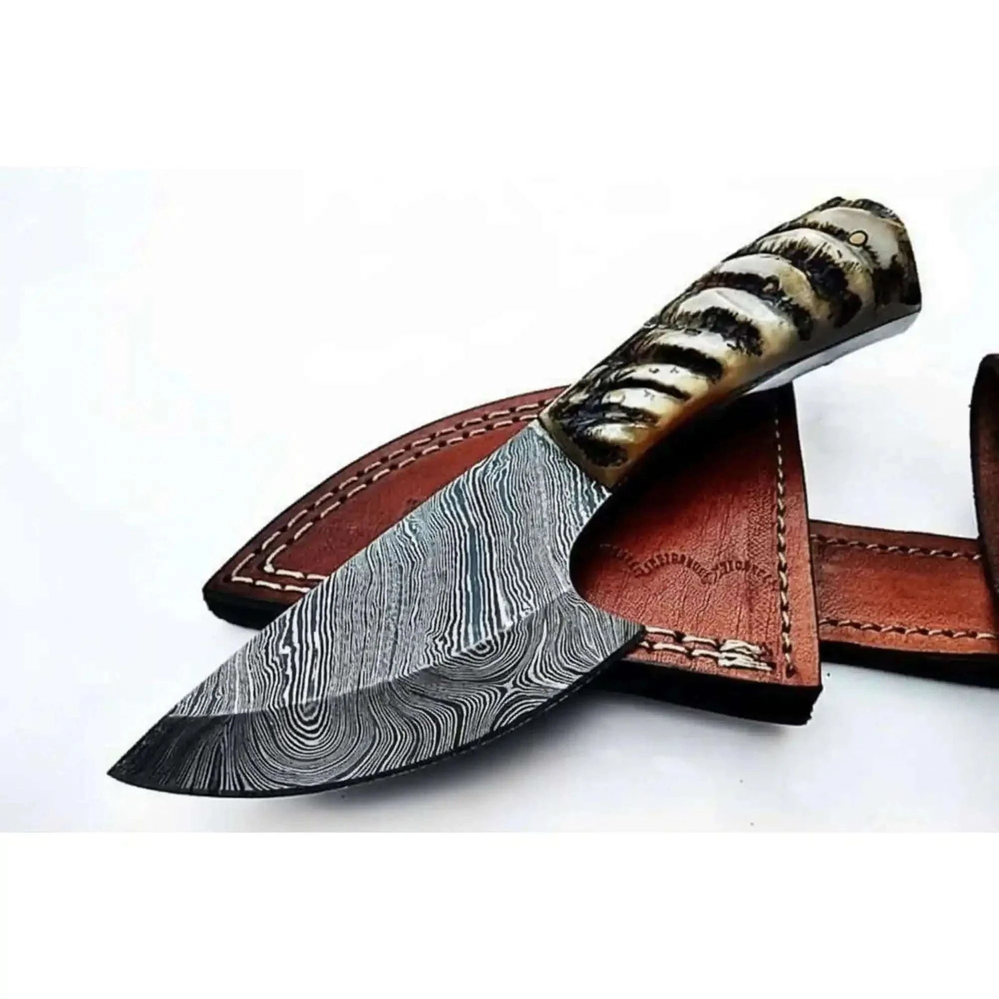 Palmarius Outdoors 6 Inch Damascus Steel Skinner Knife with Ram Horn Handle and Leather Sheath Skinner Knife