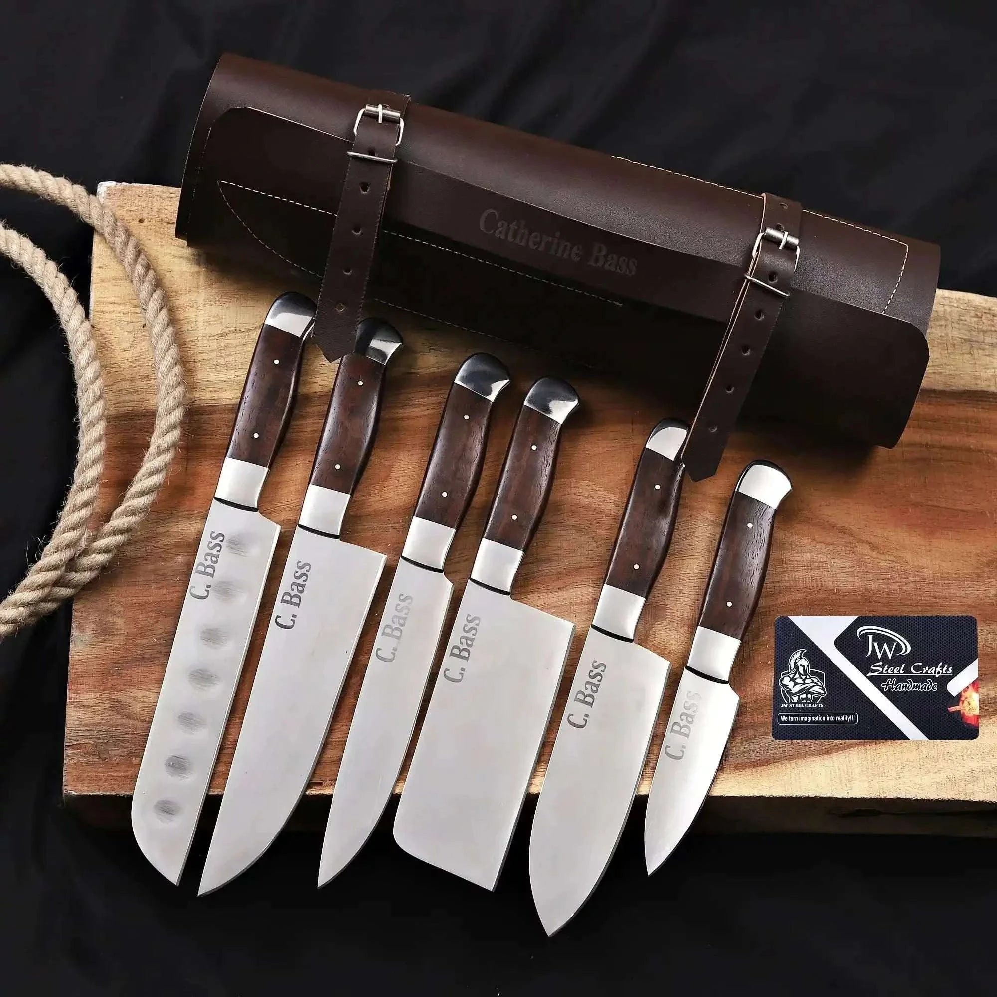 Palmarius Outdoors 6-Piece High Carbon Steel Kitchen Knife Set with Leather Roll — Olive Wood Handles, Steel Bolsters, 7 to 12 Inc Handmade Chef Knife Sets