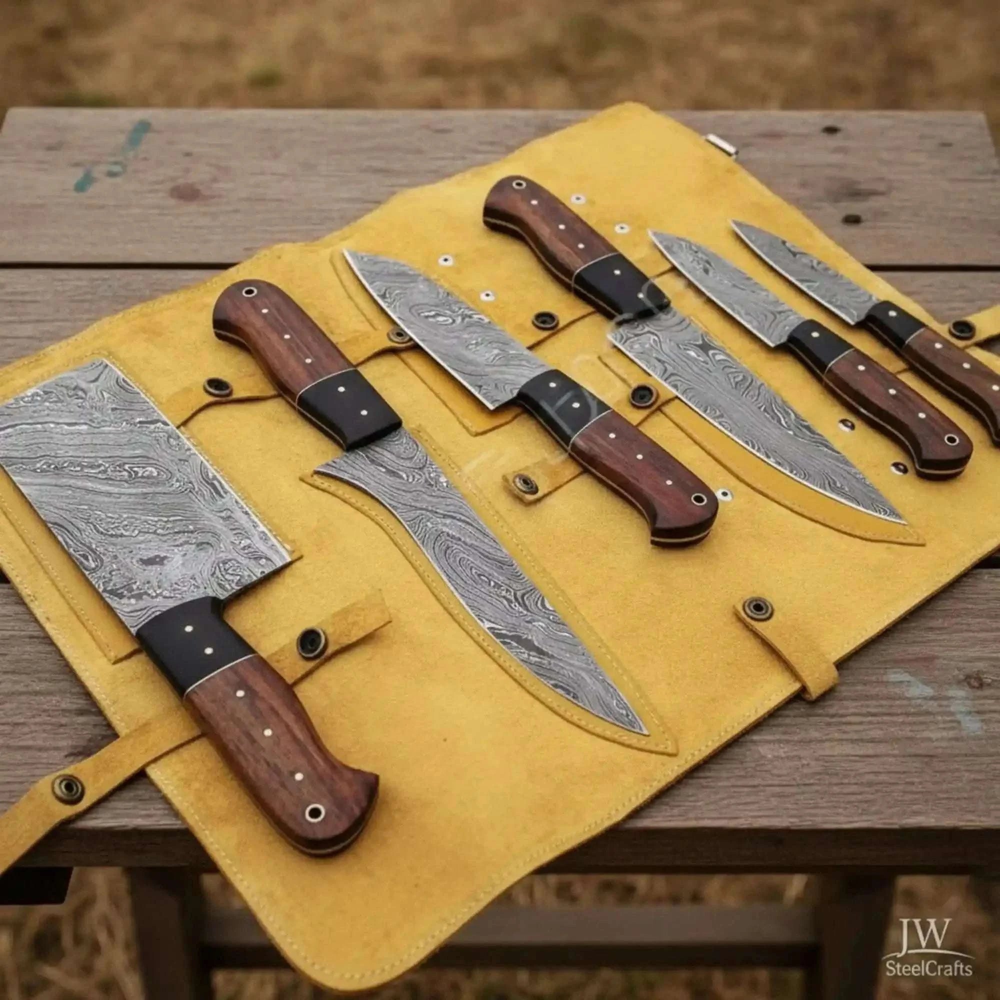Palmarius Outdoors 6-Piece Damascus Kitchen Set with Cleaver, Chef, Skinner and Utility Blades, Rosewood and Black Resin Handles Handmade Chef Knife Sets