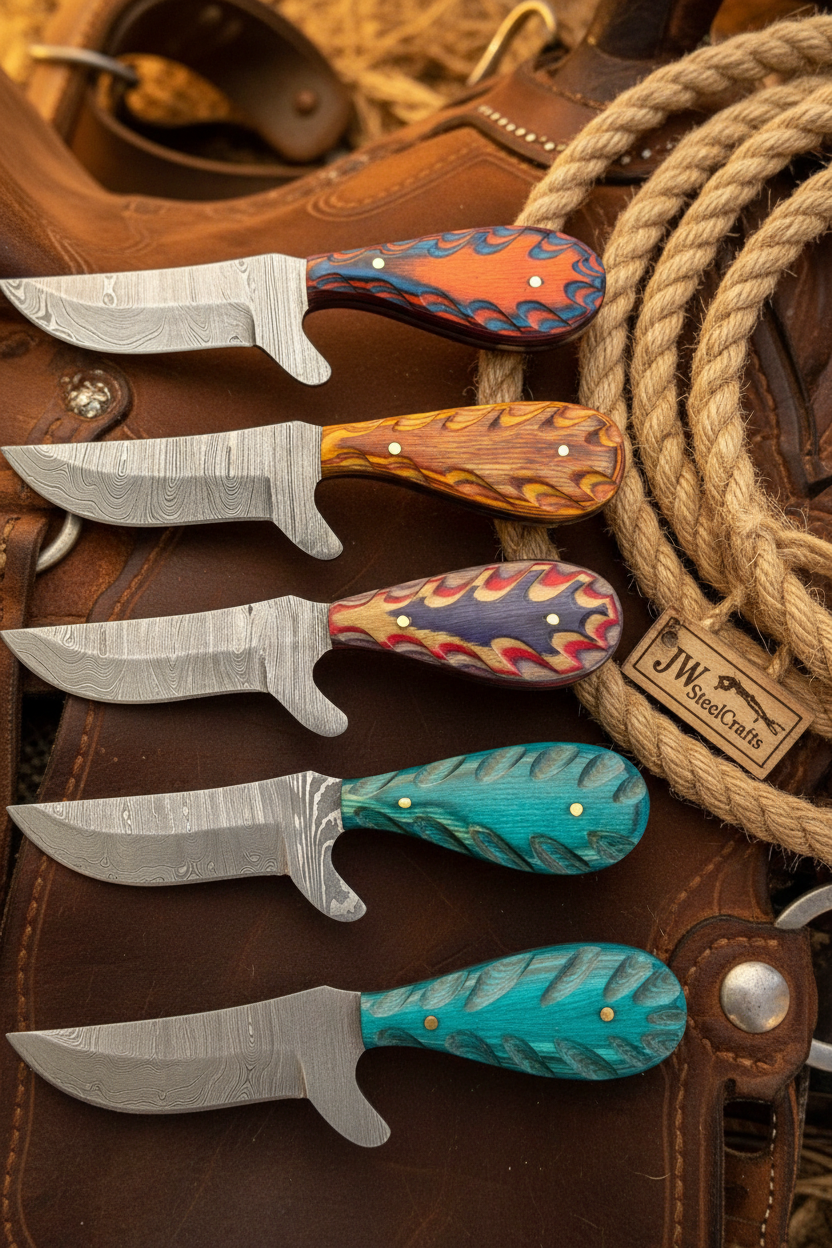 Palmarius Outdoors Wildwood Cowboy Knife Set of 5 Handmade Damascus Wood Grain Resin Handle cowboy knives