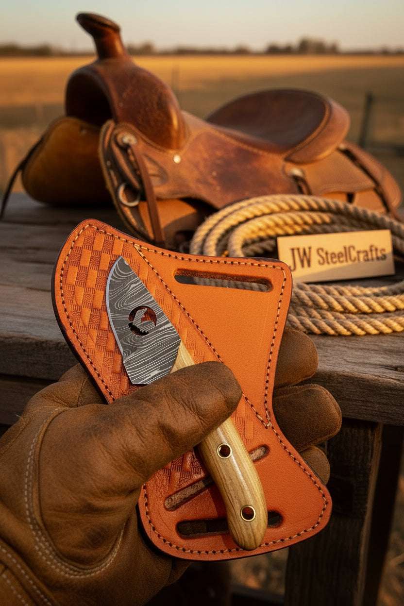 Palmarius Outdoors Olive Wood Bull Cutout Ranch Knife 5" Handmade Damascus Steel Olive Wood handle