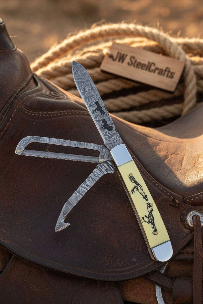 Palmarius Outdoors Ivory Stallion Trail Trapper Folder Knife 7" Handmade Damascus Steel with Ivory bone handle Trapper Knives