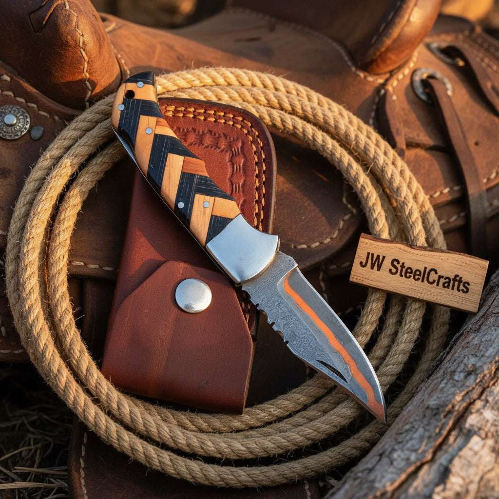 Palmarius Outdoors Timberline Trapper Skinner Knife Handmade Damascus Liner Lock wood handle Folding Knife