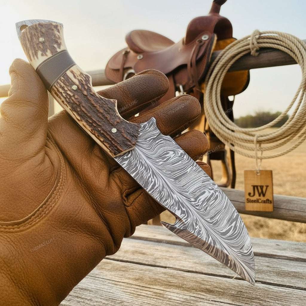 Palmarius Outdoors Rangeland Stag Hunter Knife 10" Handmade Damascus Black Bolster Hunting Knife