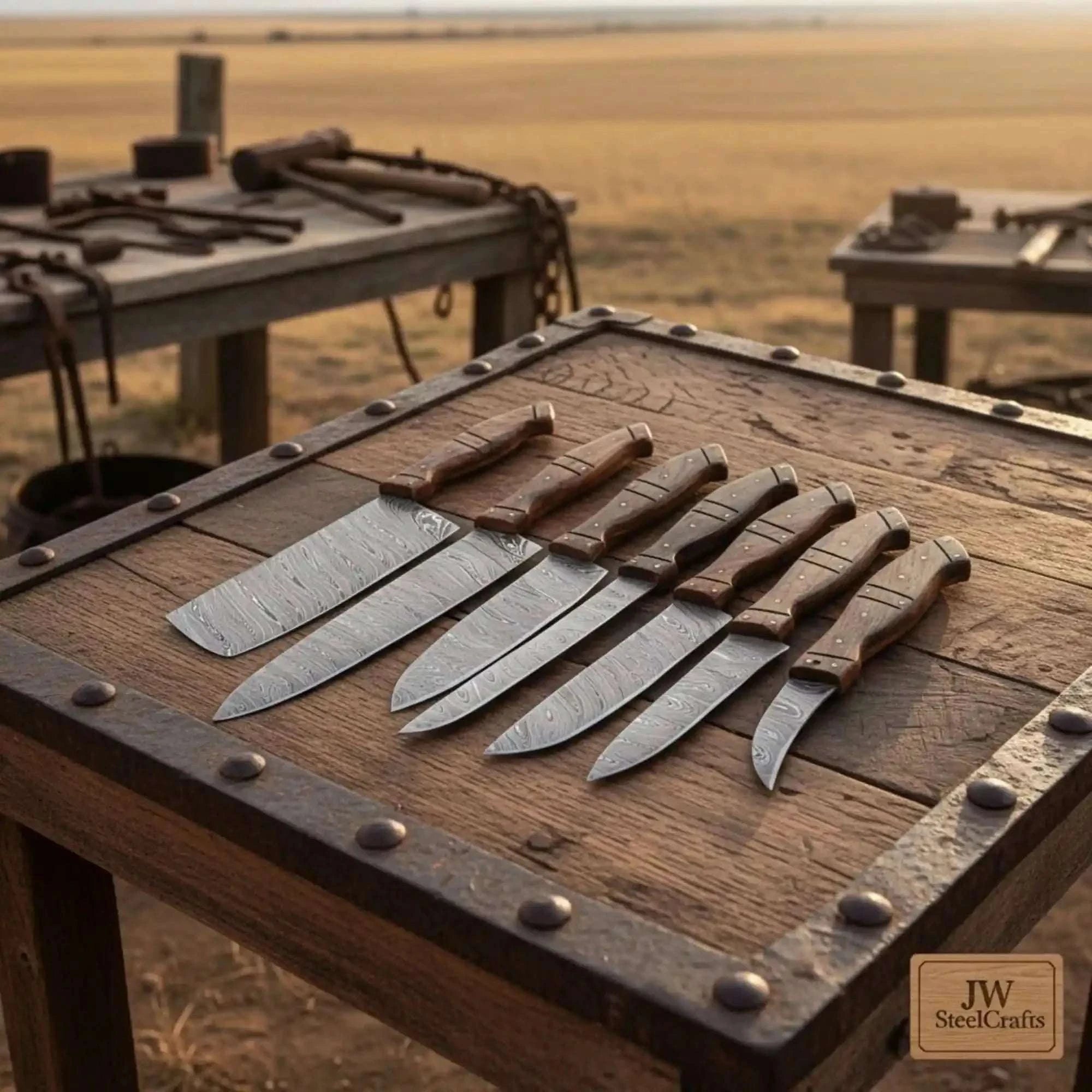 Palmarius Outdoors 7-Piece Damascus Kitchen Knife Set — Bread, Nakiri, Chef, Santoku, Utility, Boning & Paring with Rosewood Handles & Wood Spacer Handmade Chef Knife Sets