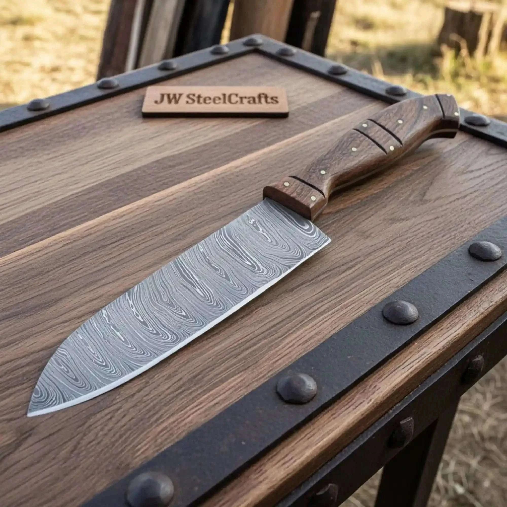 Palmarius Outdoors 7-Piece Damascus Kitchen Knife Set — Bread, Nakiri, Chef, Santoku, Utility, Boning & Paring with Rosewood Handles & Wood Spacer Handmade Chef Knife Sets