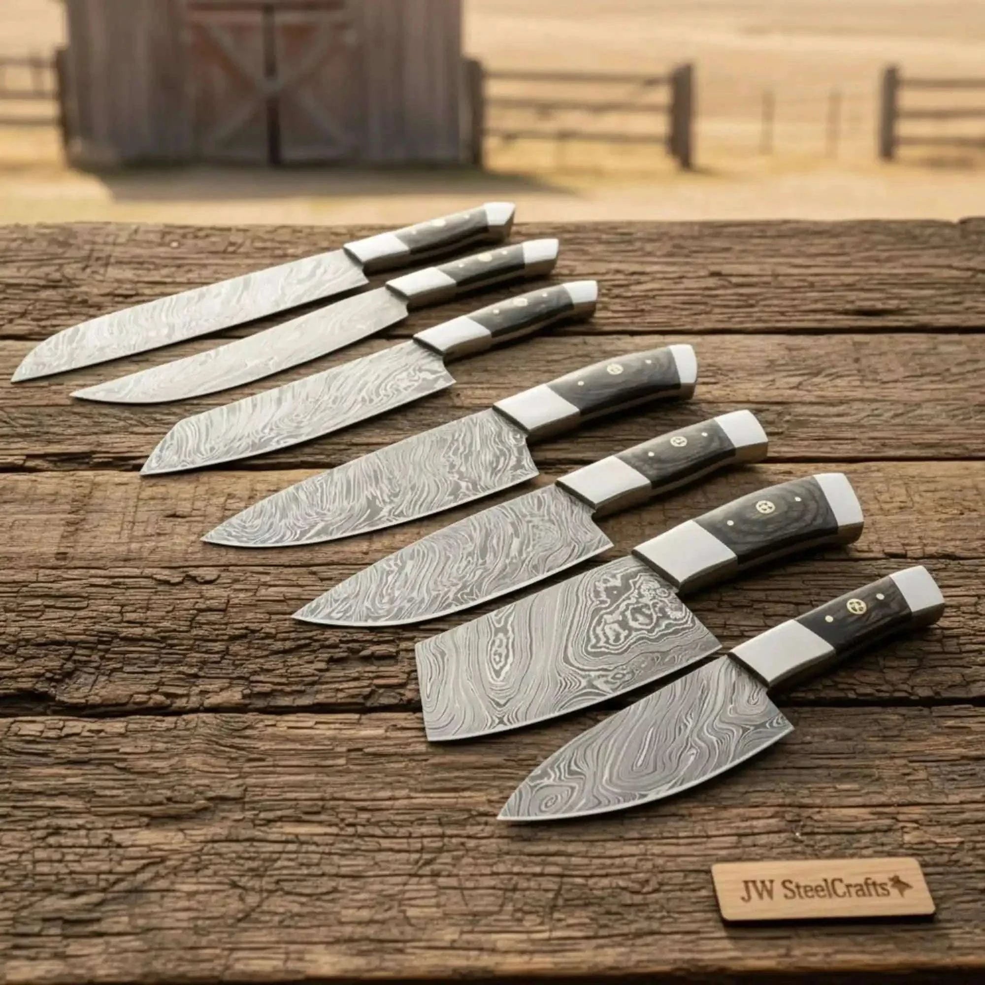 Palmarius Outdoors 7-Piece Damascus Kitchen Knife Set — Chef, Santoku, Nakiri, Cleaver, Slicing, Utility & Paring Handmade Chef Knife Sets