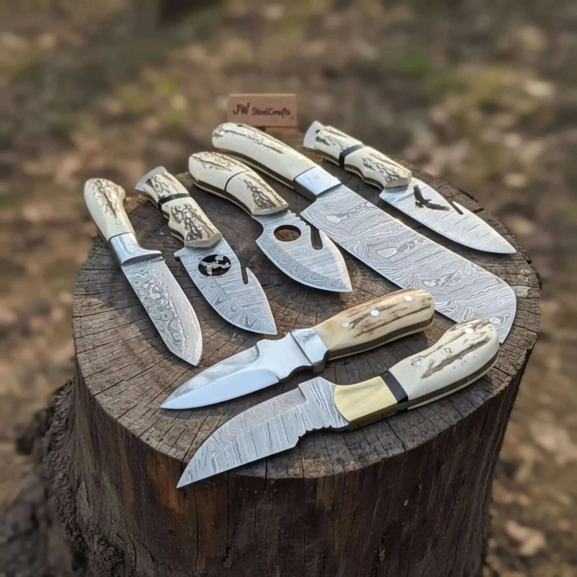 Palmarius Outdoors 7 Piece Damascus Steel Knife Set with Synthetic Antler Handles Damascus Steel Kitchen Knife Set