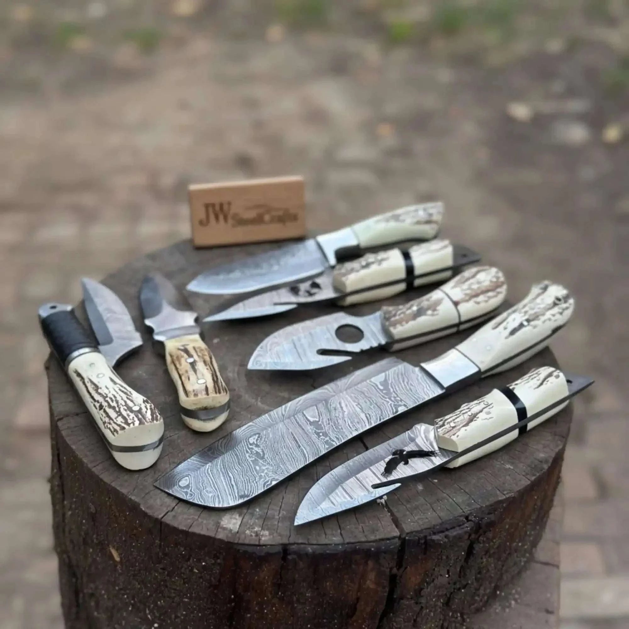 Palmarius Outdoors 7 Piece Damascus Steel Knife Set with Synthetic Antler Handles Damascus Steel Kitchen Knife Set