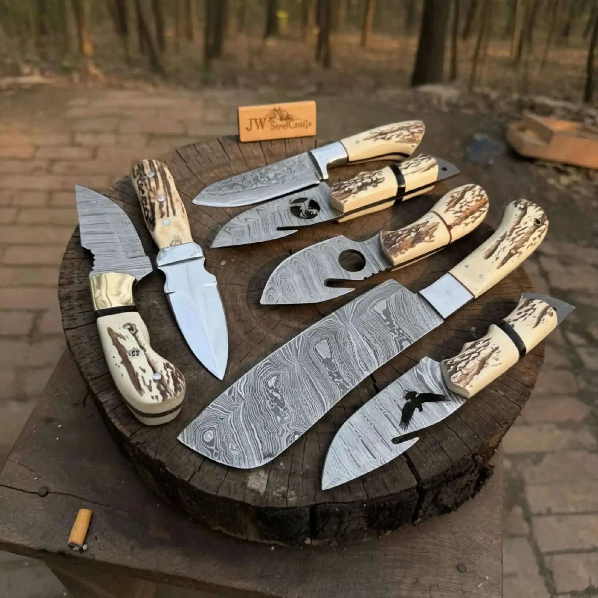 Palmarius Outdoors 7 Piece Damascus Steel Knife Set with Synthetic Antler Handles Damascus Steel Kitchen Knife Set