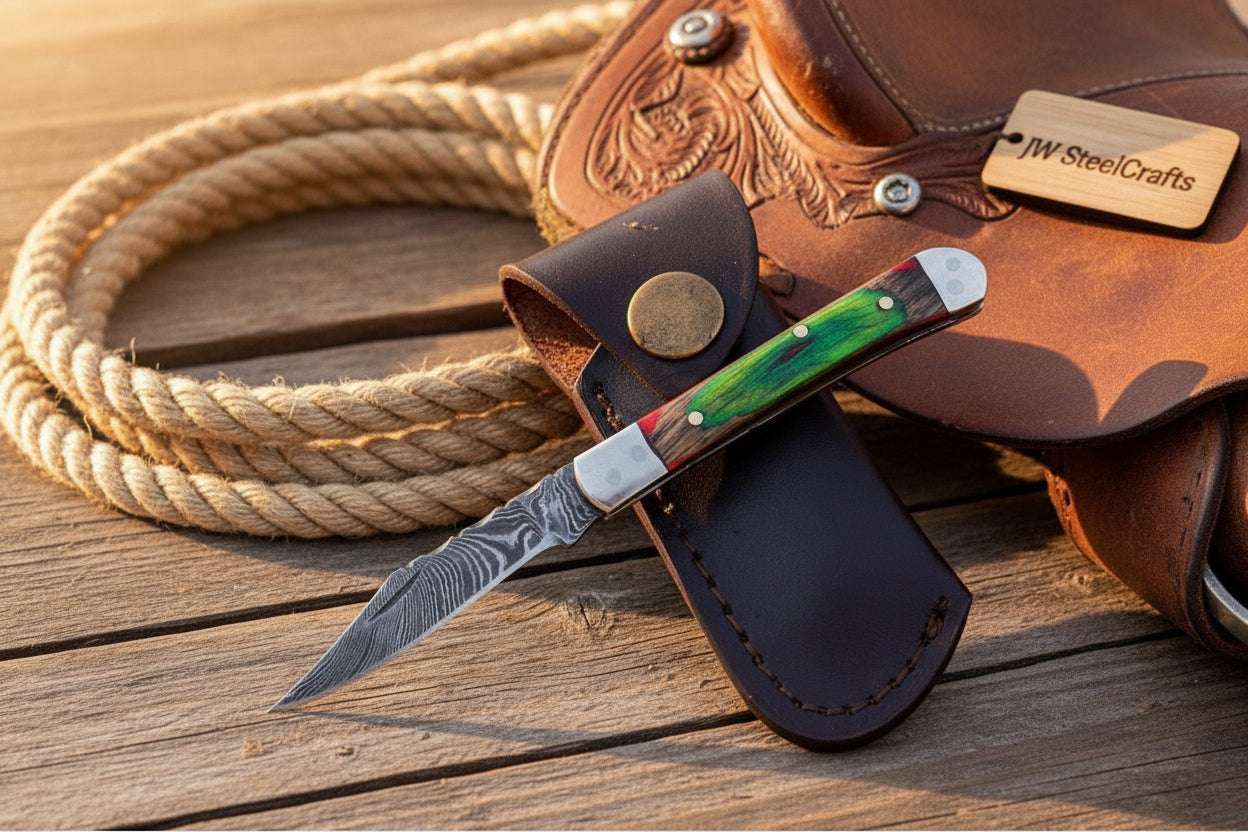 Palmarius Outdoors Forest Green Trail Trapper Knife Pakka Wood Damascus Steel folding Trapper Knife Folding Knife