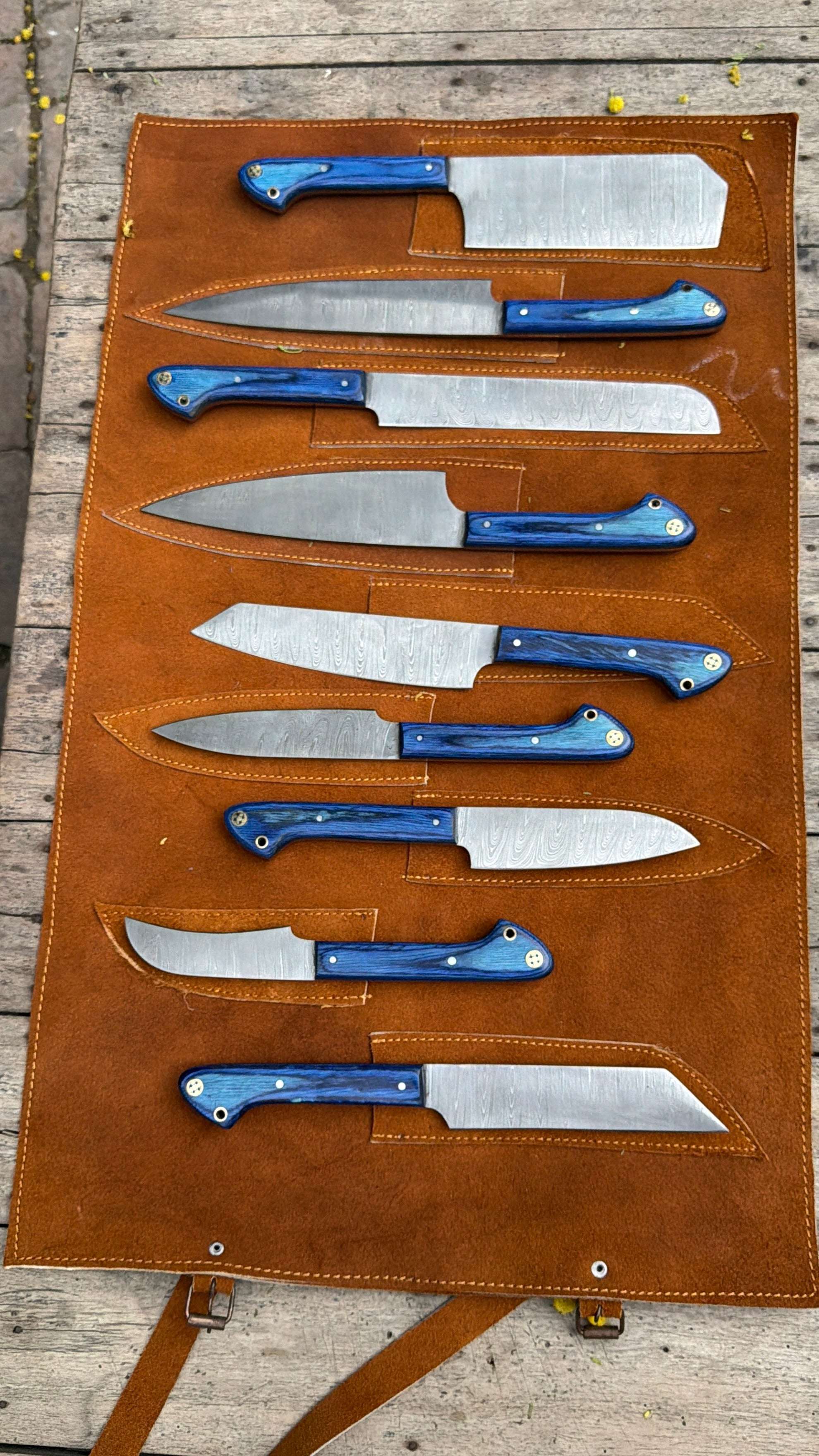 Palmarius Outdoors 9-Piece Damascus Kitchen Knife Set with Leather Roll and Blue Pakka Wood Handles Handmade Chef Knife Sets