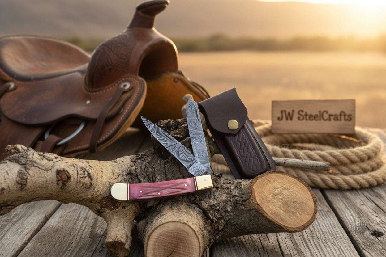 Palmarius Outdoors Backwoods Trapper Knife Two Blade Pink Bone Handle Steel Bolster Slip Joint Folding Knife
