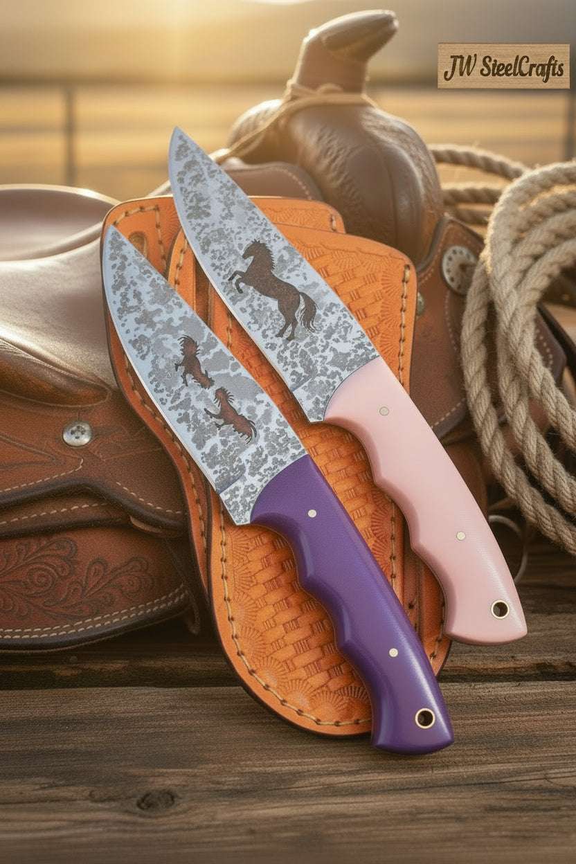 Palmarius Outdoors Ranch Cowboy Duo Knife Set 10" Handmade Set of 2 Western Engravings cowboy knives