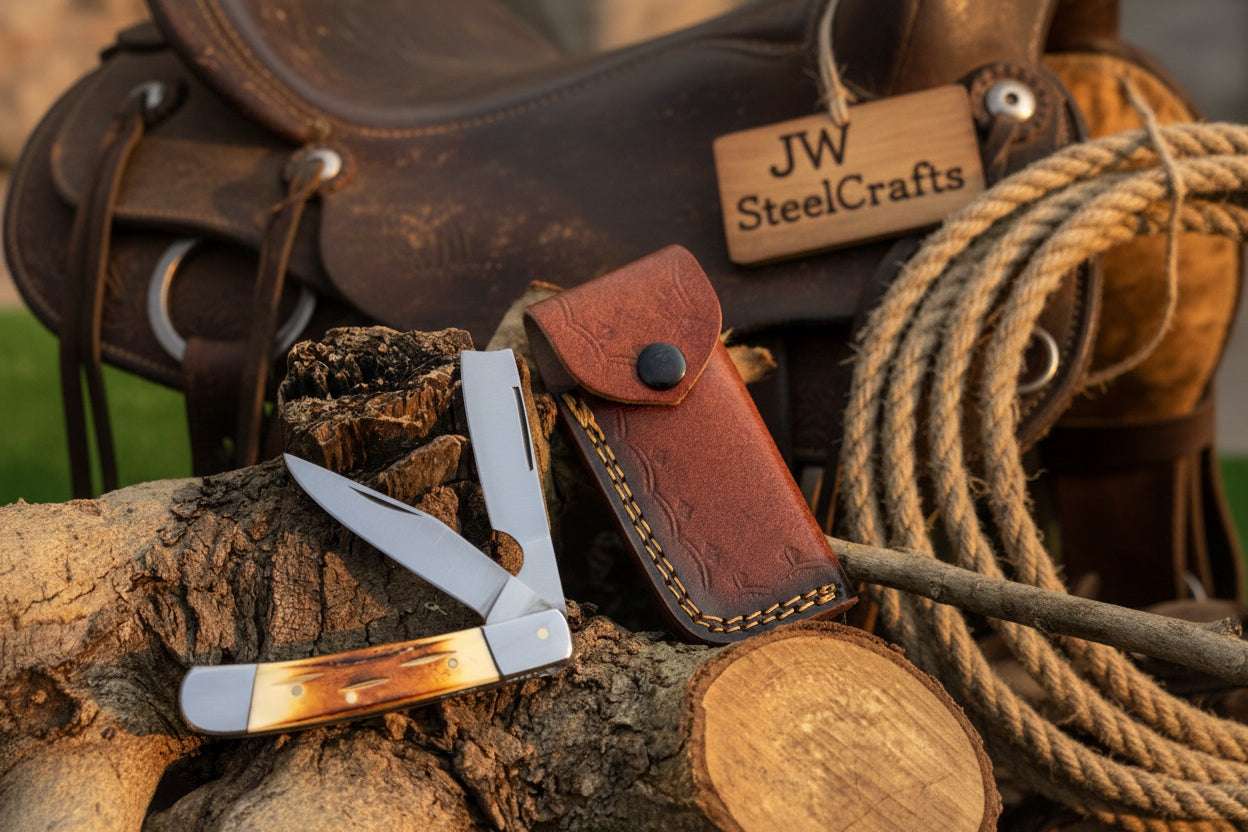 Palmarius Outdoors Razor Trapper Knife with Burned Bone Handle and Steel Bolsters Trapper Knives