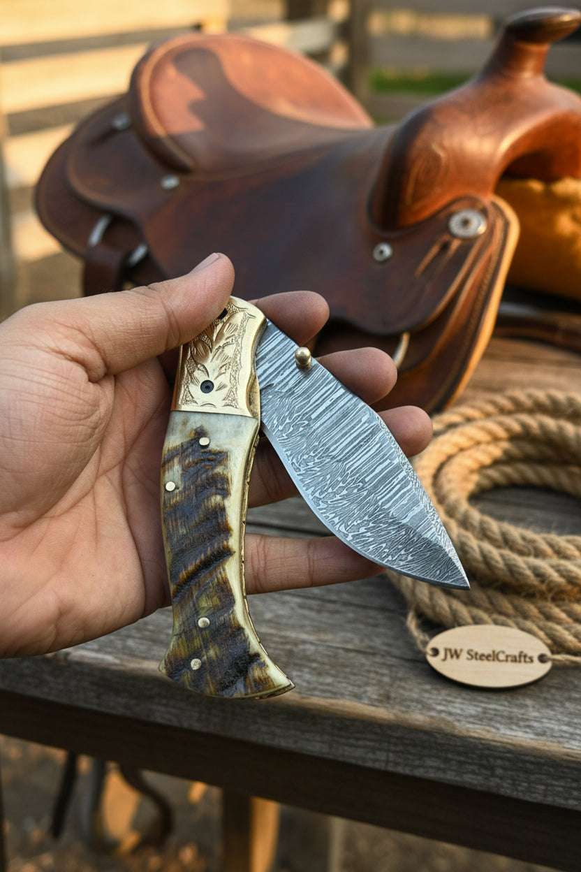 Palmarius Outdoors Stagline Damascus Folder 7" Handmade Horn Handle Damascus Bolster Folding Knife