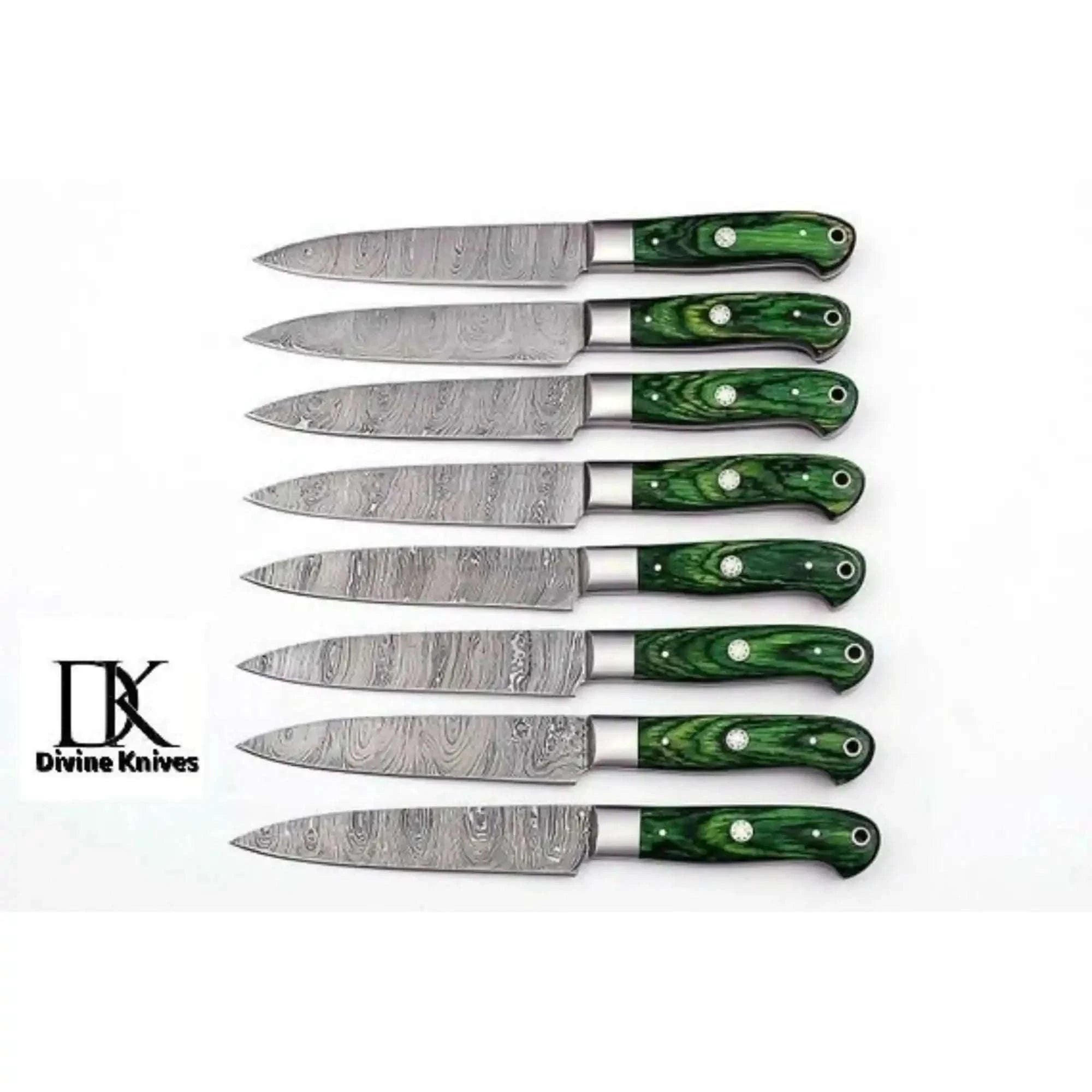 Palmarius Outdoors 8-Piece Damascus Steak Knife — Twisted Damascus Blades, Green Pakka Wood Handles Steak Knives