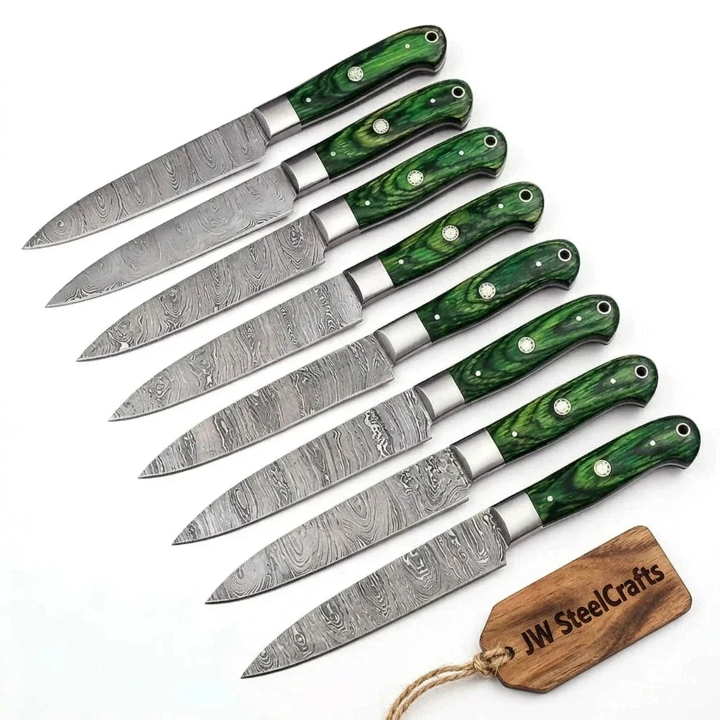 8-Piece Damascus Steak Knife — Twisted Damascus Blades, Green Pakka Wood Handles