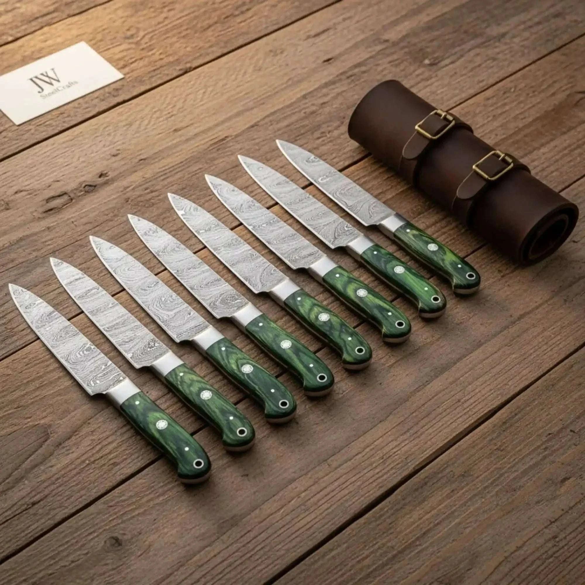 Palmarius Outdoors Damascus Steak Knife Set, Full Tang Serrated Knives, Green Pakka wood Handle, Precision Slicing Steak Knives