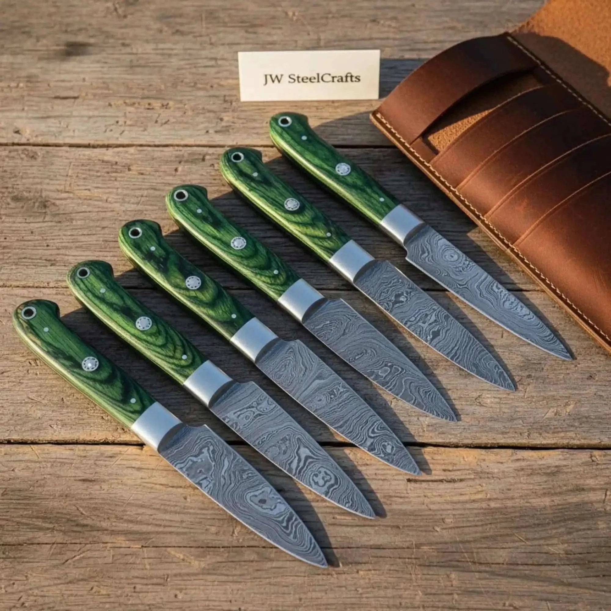 Palmarius Outdoors Damascus Steak Knife Set, Full Tang Serrated Knives, Green Pakka wood Handle, Precision Slicing Steak Knives
