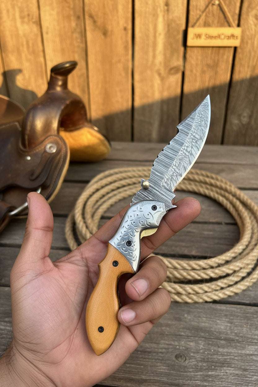 Palmarius Outdoors Honeywood Hawkbill Folder Knife 8" Handmade Wood Handle Damascus Blade Folding Knife