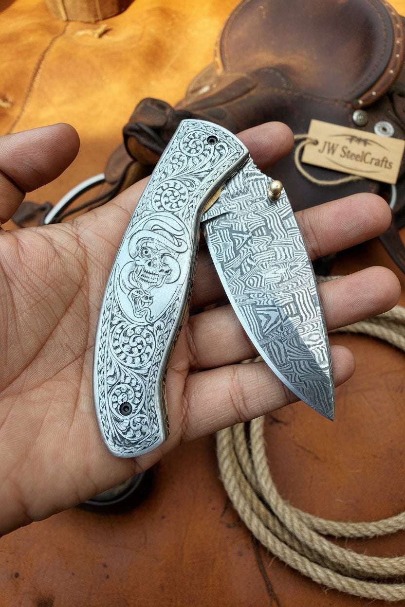 Palmarius Outdoors Obsidian Mosaic Folder Knife 8" Handmade Damascus Liner Lock Liner Lock Folder