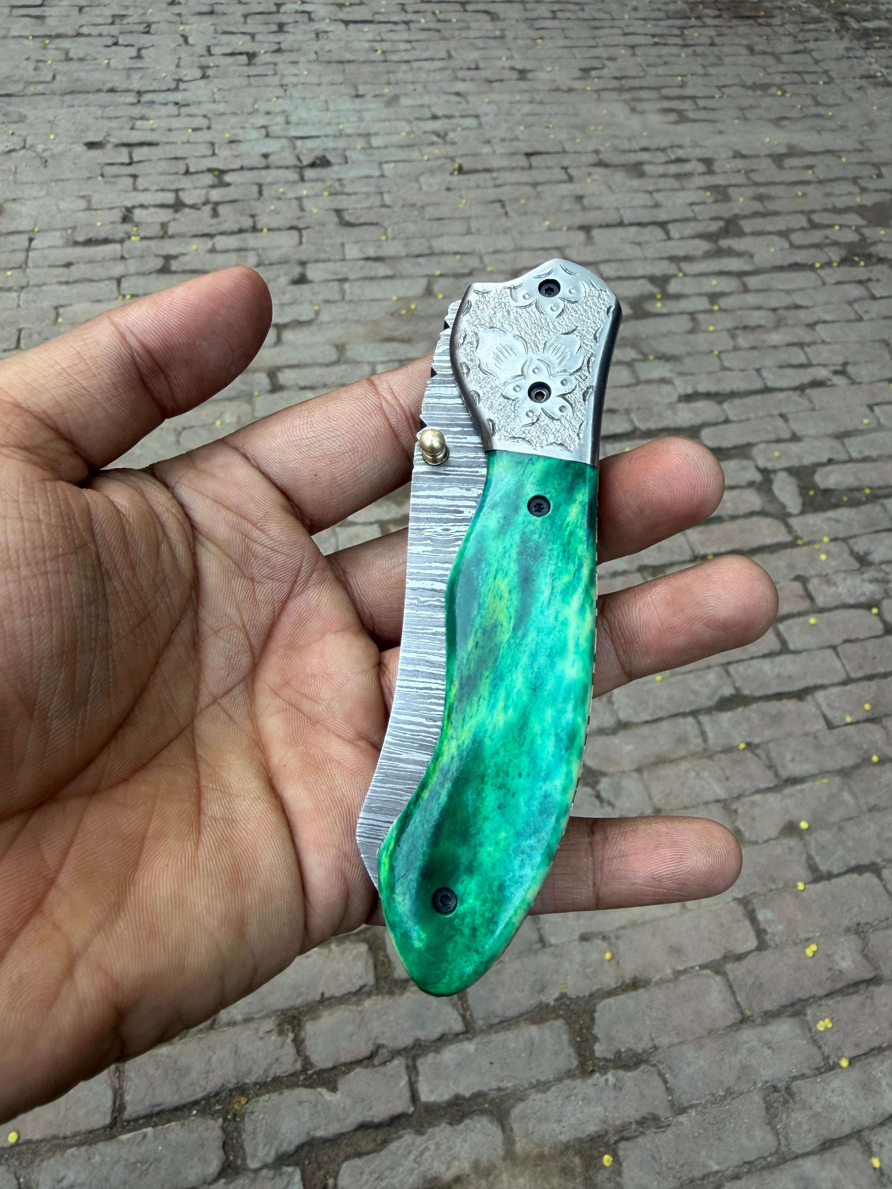 Palmarius Outdoors Jadeline Damascus Folder 7" Handmade Turquoise-Green Resin Handle Folding Knife