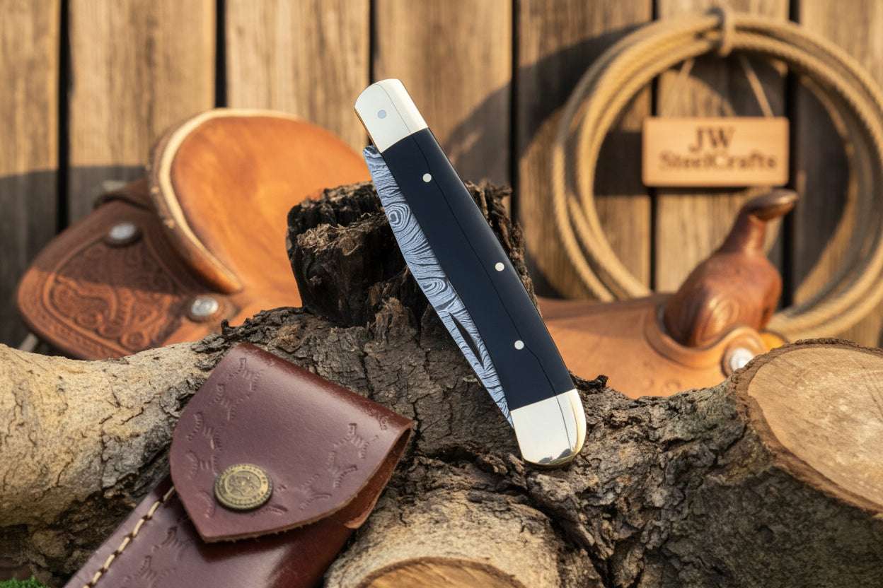 Palmarius Outdoors Executive Slipjoint Damascus Folder with Black Resin Handle Folding Knife