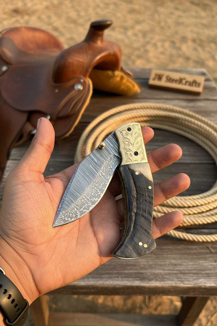 Palmarius Outdoors Stagline Damascus Folder 7" Handmade Horn Handle Damascus Bolster Folding Knife