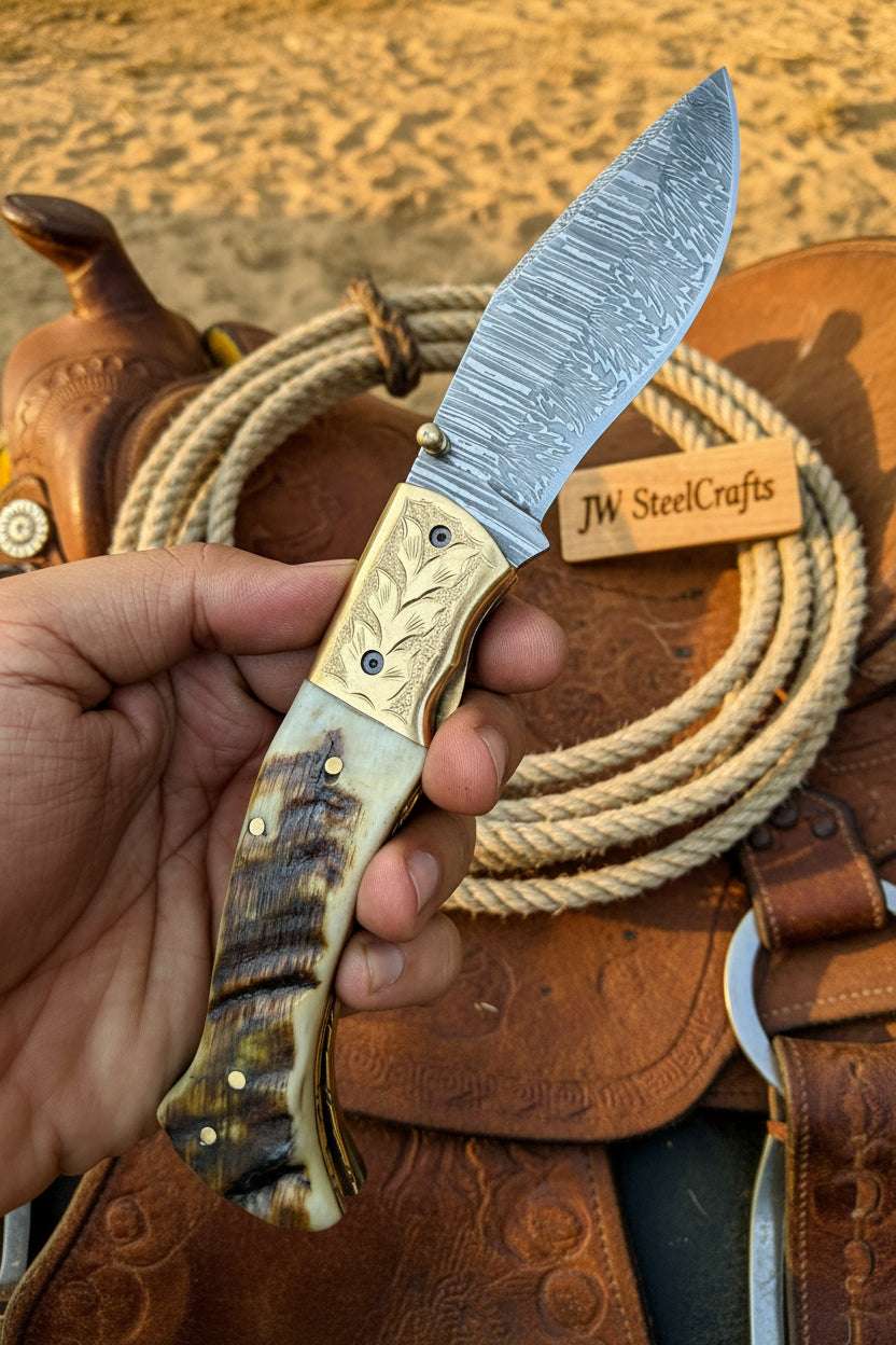 Palmarius Outdoors Stagline Damascus Folder 7" Handmade Horn Handle Damascus Bolster Folding Knife