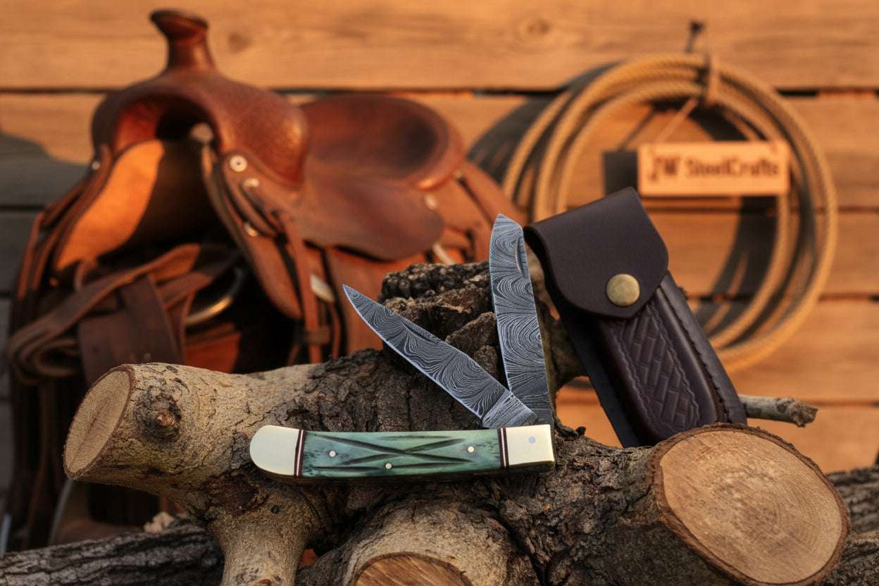 Palmarius Outdoors Damascus Trapper Pocket Knife – Two Blade Folding Knife with Green Bone Handle Folding Knife