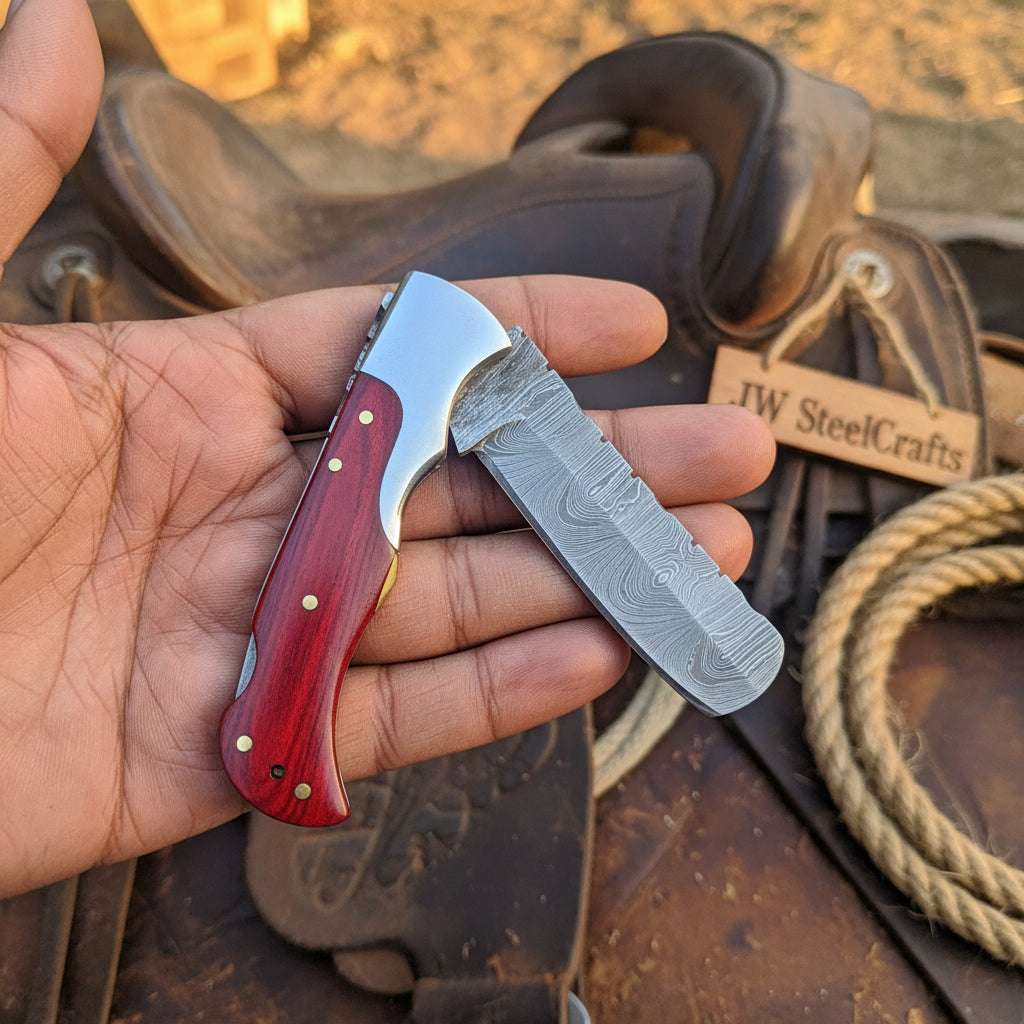 Palmarius Outdoors Crimson Ridge Folding Bull Cutter 8" Handmade Damascus Wood Handle Folding Knife