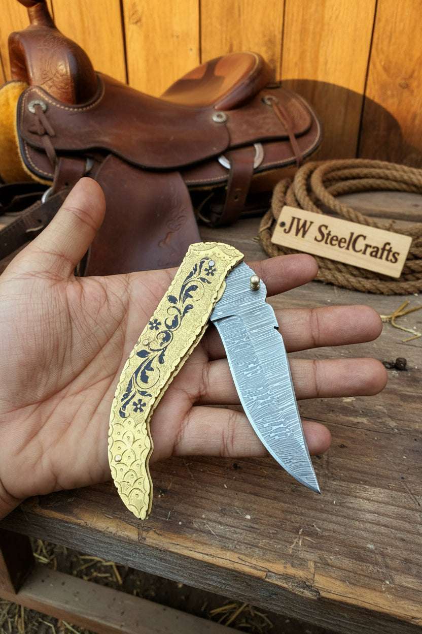 Palmarius Outdoors Calligraphy Engraved Brass Folder Knife 10" Handmade Damascus Blade Back Lock Folder