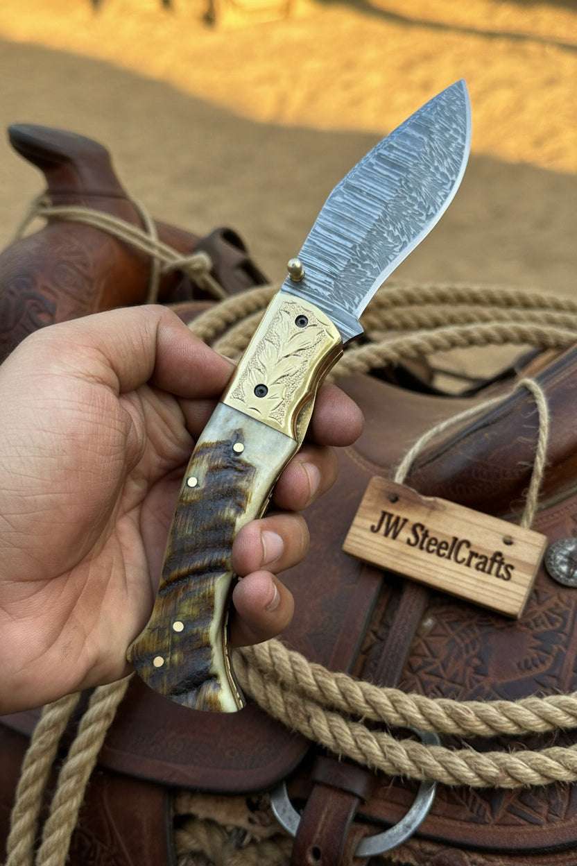 Palmarius Outdoors Stagline Damascus Folder 7" Handmade Horn Handle Damascus Bolster Folding Knife