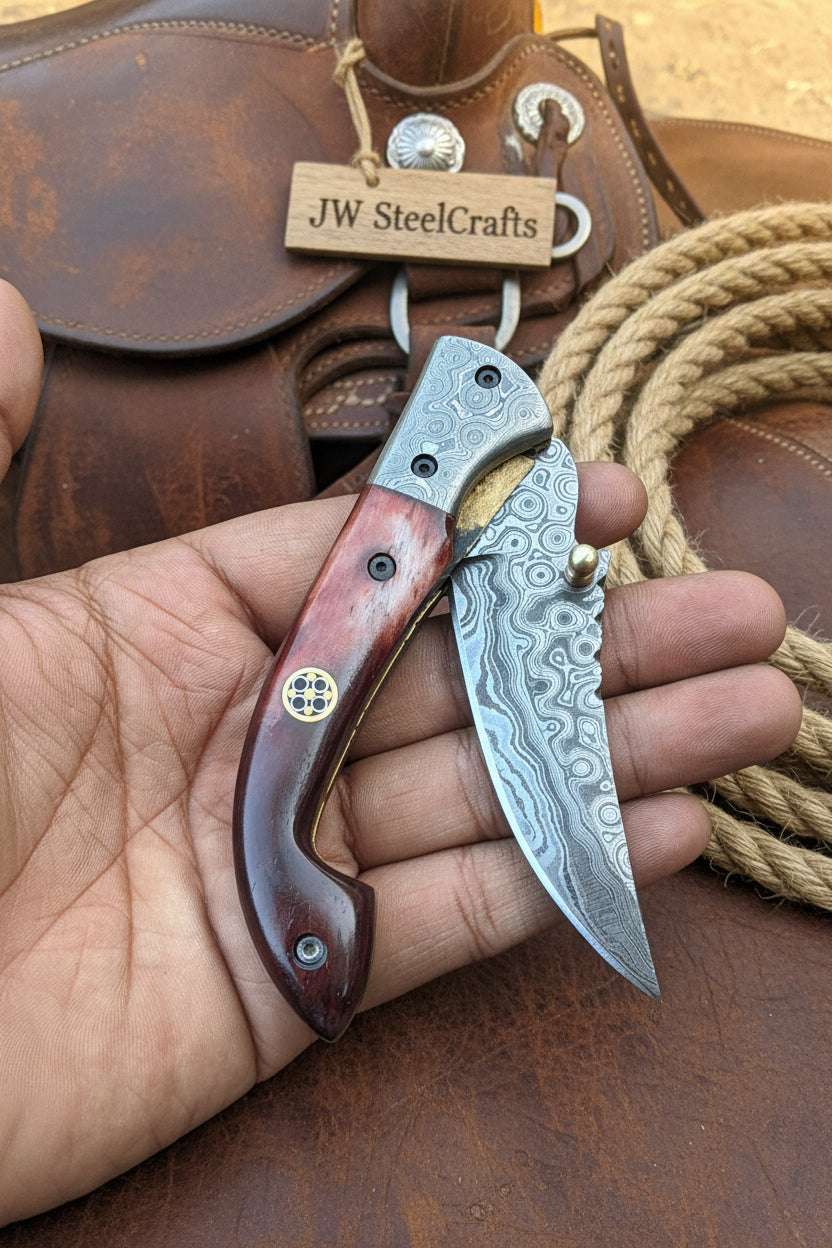 Palmarius Outdoors Twilight Burl Folder Knife 7" Handmade Burl Wood Damascus Blade Folding Knife
