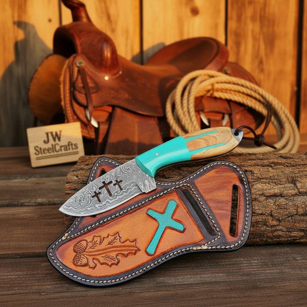 Palmarius Outdoors Turquoise Trinity Cross Ranch Knife 7" Handmade Damascus Steel