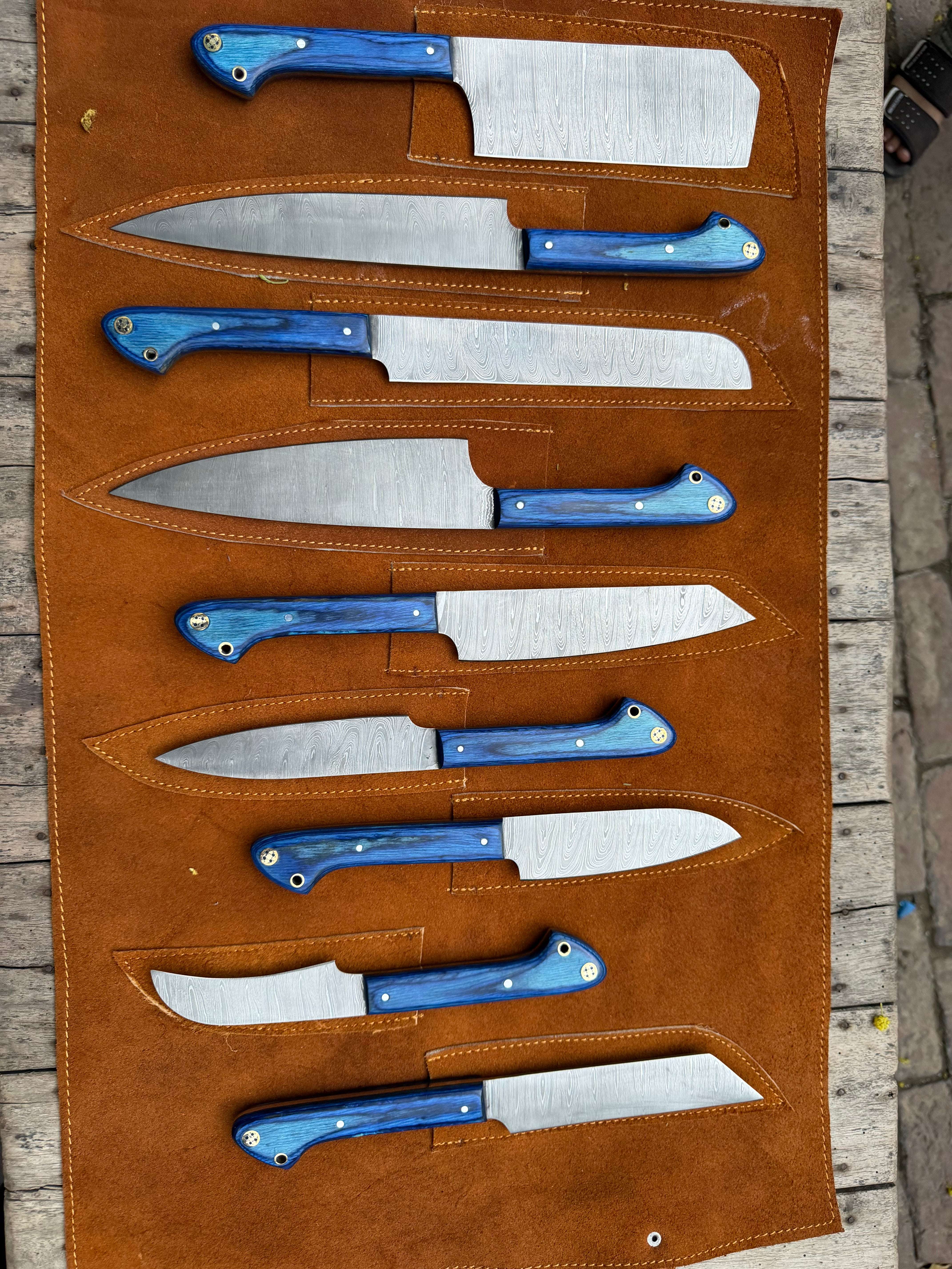 Palmarius Outdoors 9-Piece Damascus Kitchen Knife Set with Leather Roll and Blue Pakka Wood Handles Handmade Chef Knife Sets
